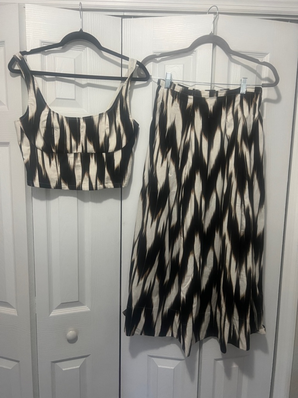 Black and Cream Patterned Midi Skirt - Women's Skirt and crop top Linen blend .